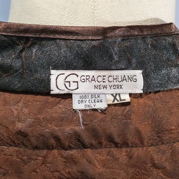 Grace Chuang New York Brown Silk Manderin Collar Tank w Metallic Dragon Trim  XL - Picture 5 of 5